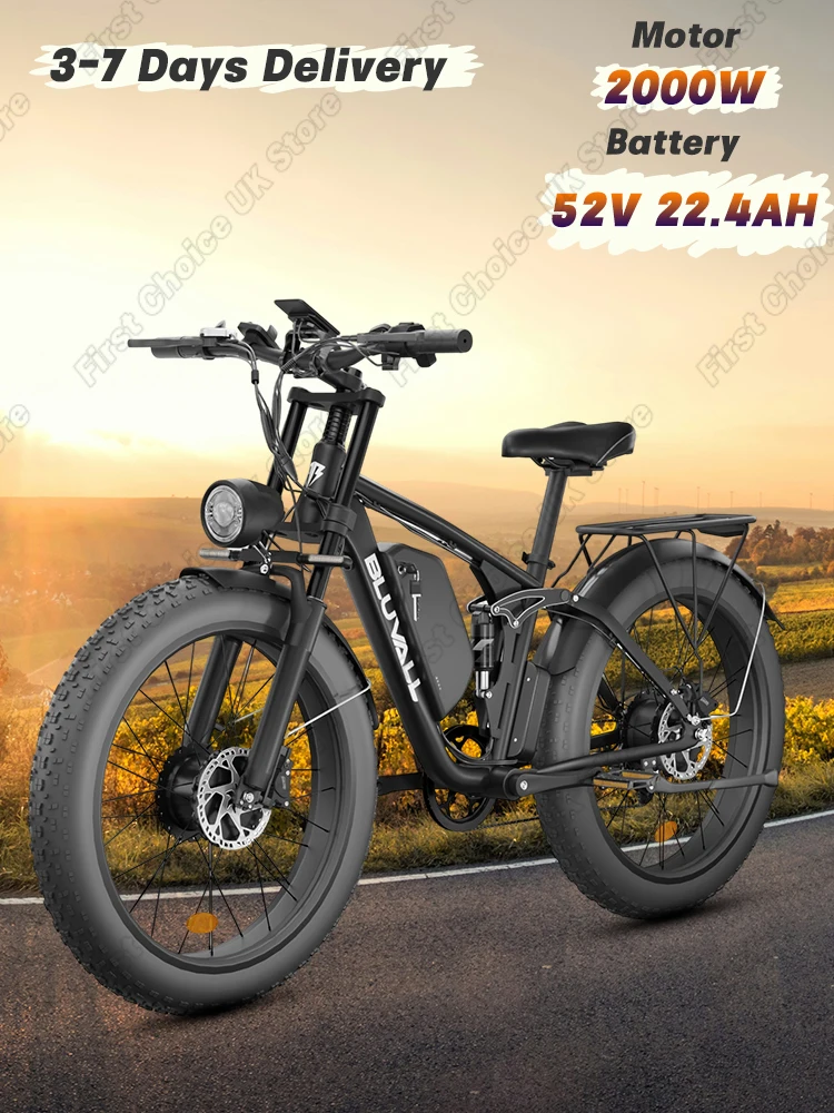 AliExpress NONE BLUVALL V1 Adult Mountain Ebike 2000W 52V 22.4Ah Full Suspension Travel Electric Bicycle 26*4.0" Fat Tire Off-Road Electric Bike