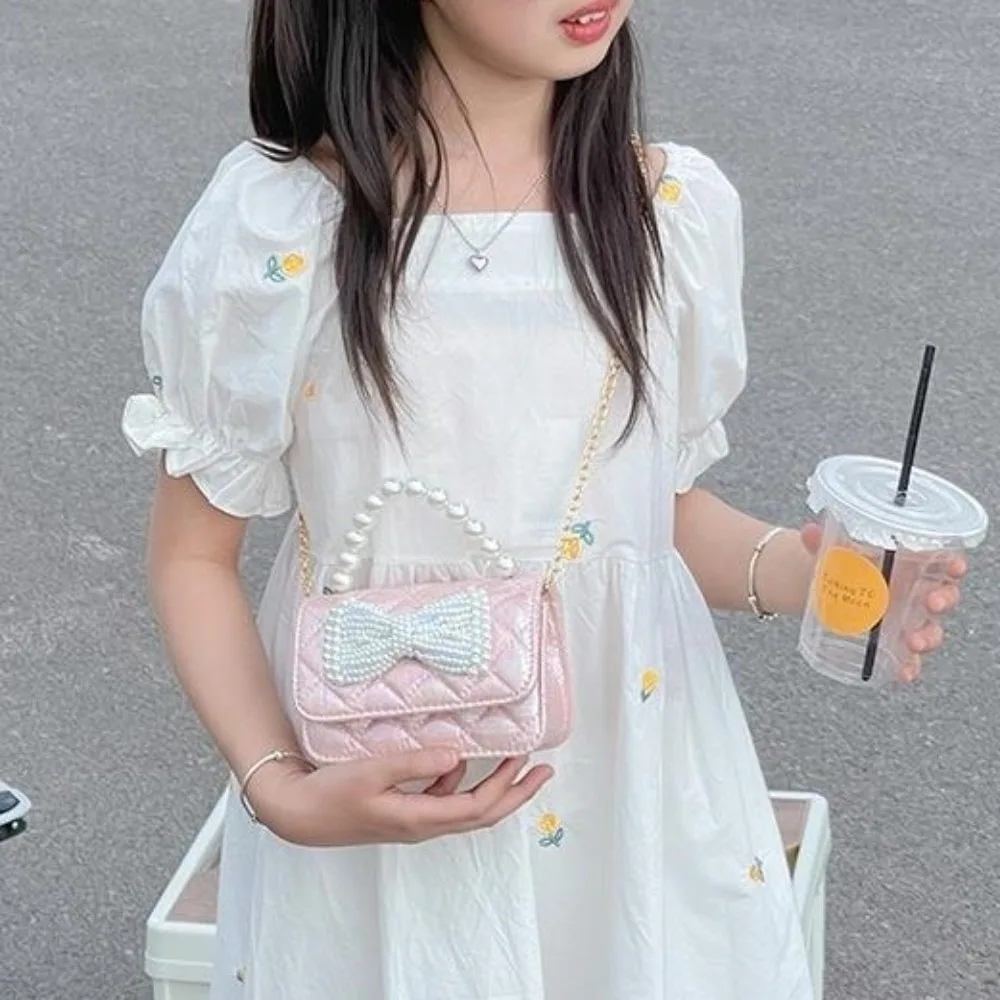 

Casual PU Leather Pearl Handbag Mini Korean Style Bow Crossbody Bag Wallet Chain Children Coin Purse Storage phone