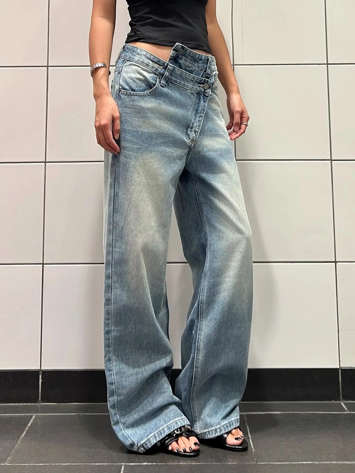 Y2K Dames Vintage Jeans Amerikaanse Retro Gewassen Denim Onregelmatige Taille Rechte Pijpen Fashion Design Broek