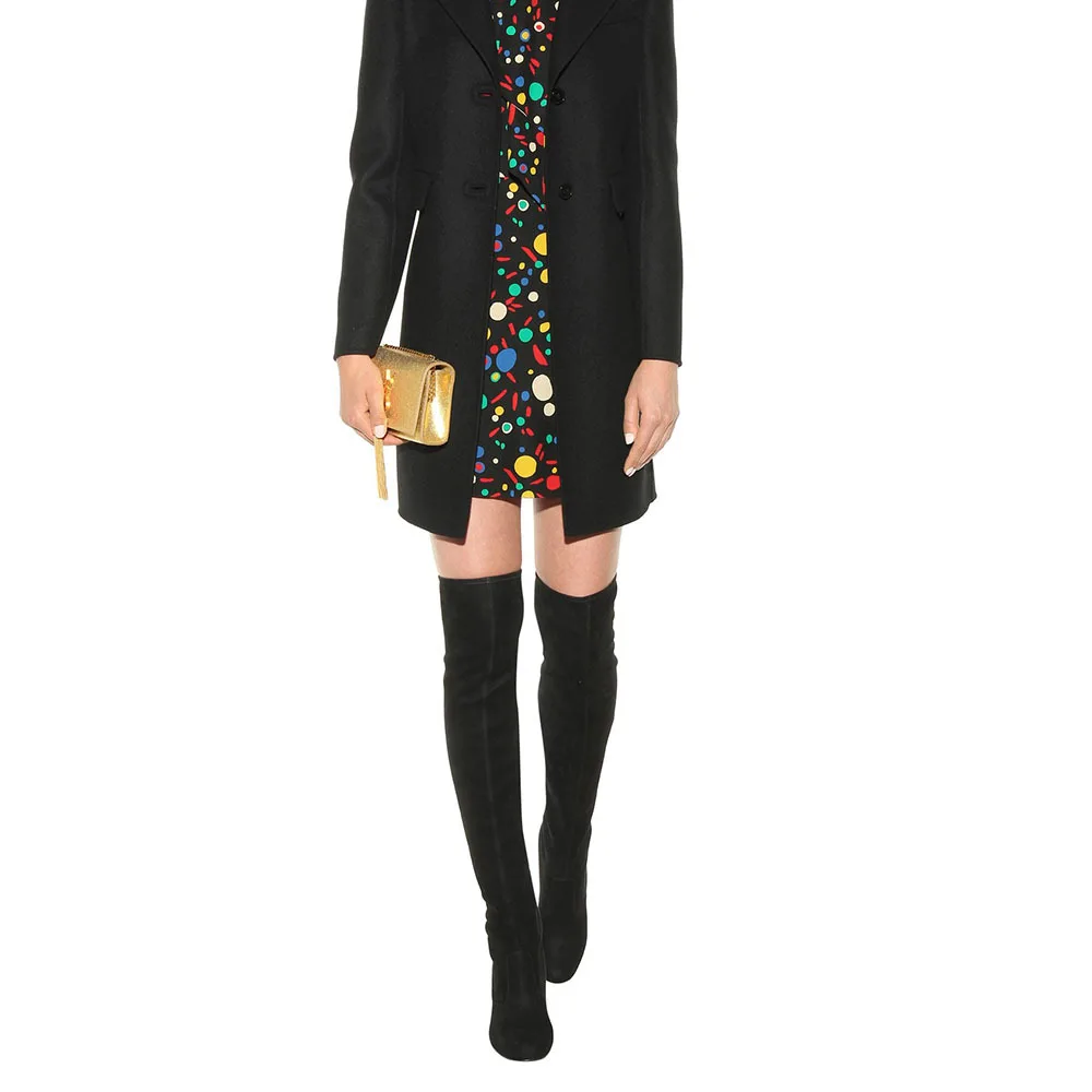 كعب سميك أسود من جلد الغزال أحذية مرنة التخسيس فوق الركبة بوتينز سحب على حجم كبير طويل النساء بوتاس Femininas Chaussure #4