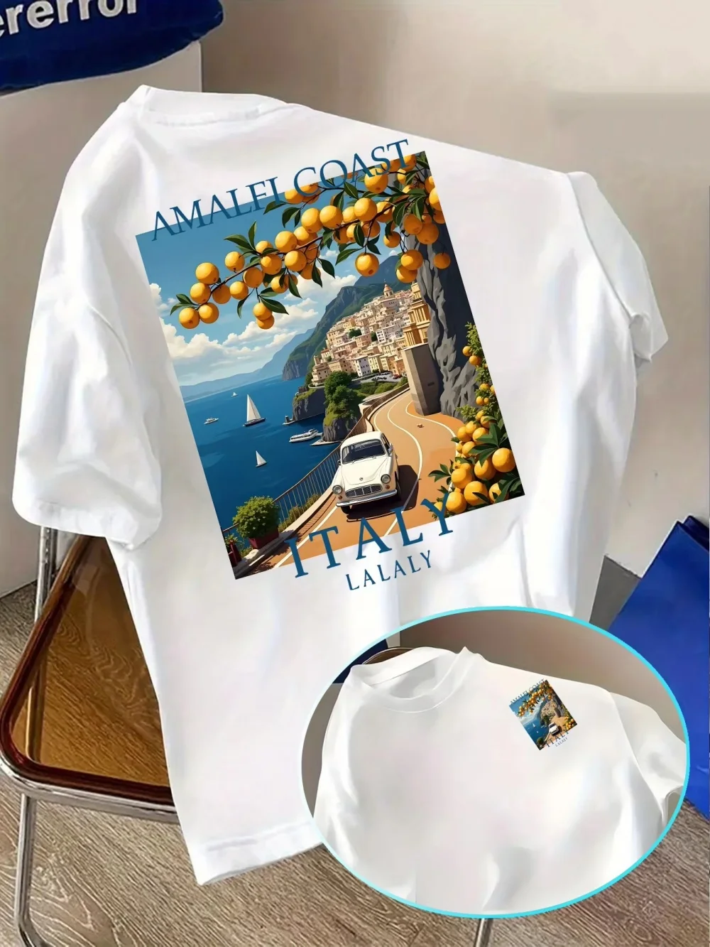 Summer Men Italian Travel Style Amalfi Coast Pattern Loose T-Shirt Suitable for Daily Casual Wear For Trip