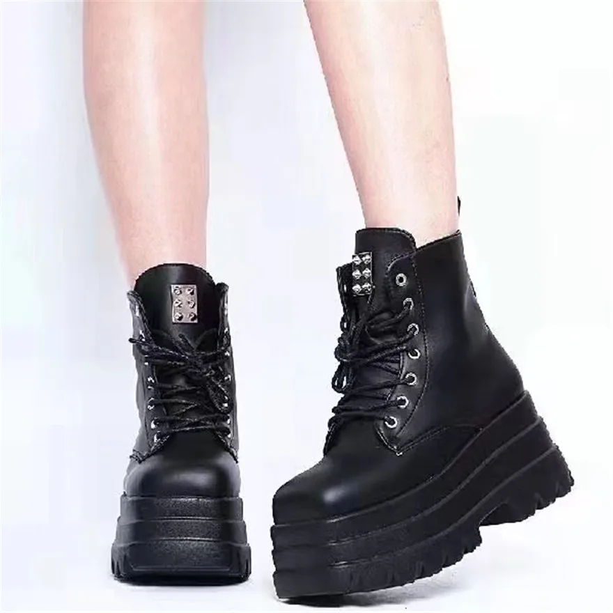 Punk Style Women Platform Wedges Boots 2024 Autumn Soft Leather Fashion Metal Rivet Female Lace Up High Heel Gothic Shoes Black