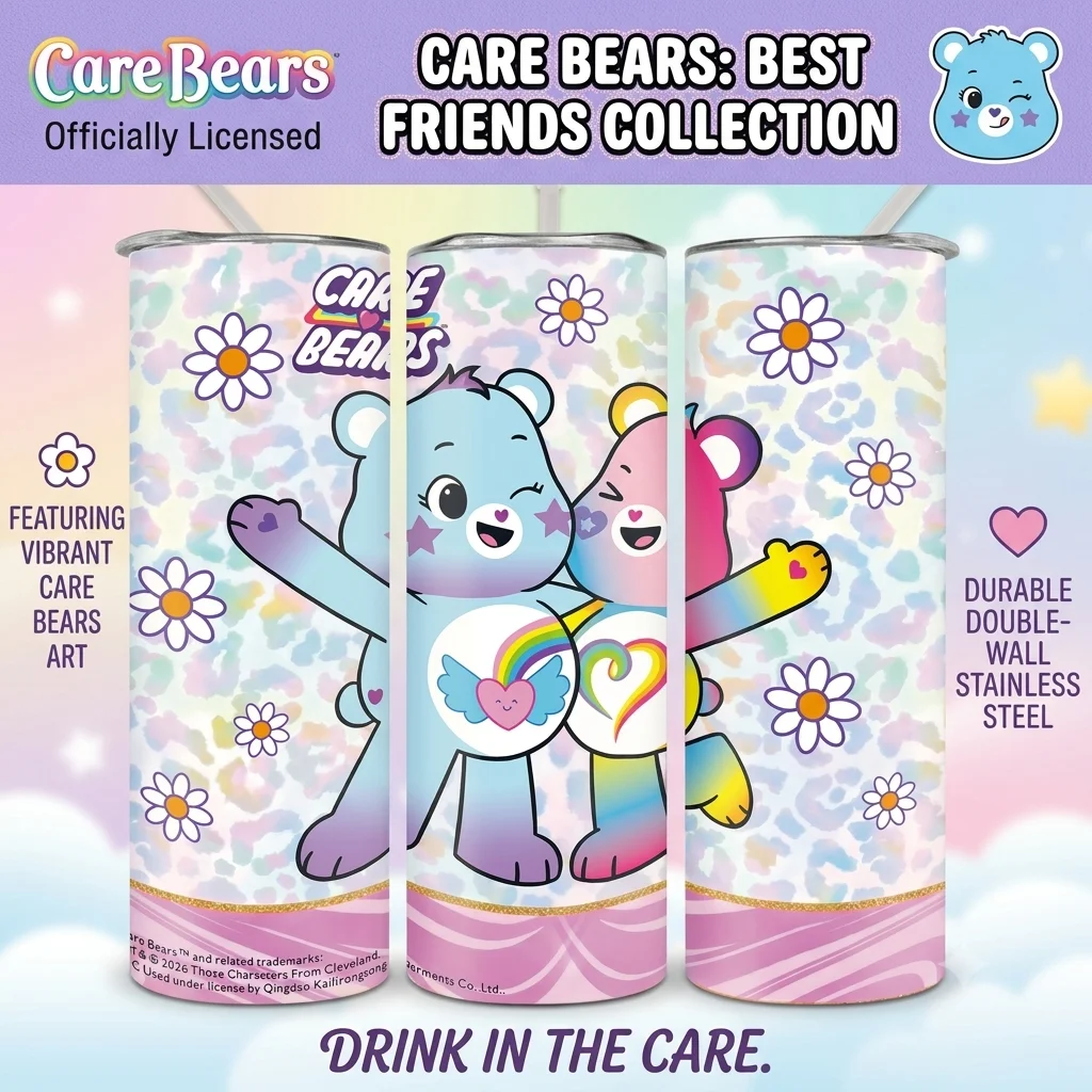 1pc 20oz Pastel Leopard Daisy Care Bears Stainless Steel Insulated Tumbler Travel Cup with Straw for Daily Outdoor Birthday Gift