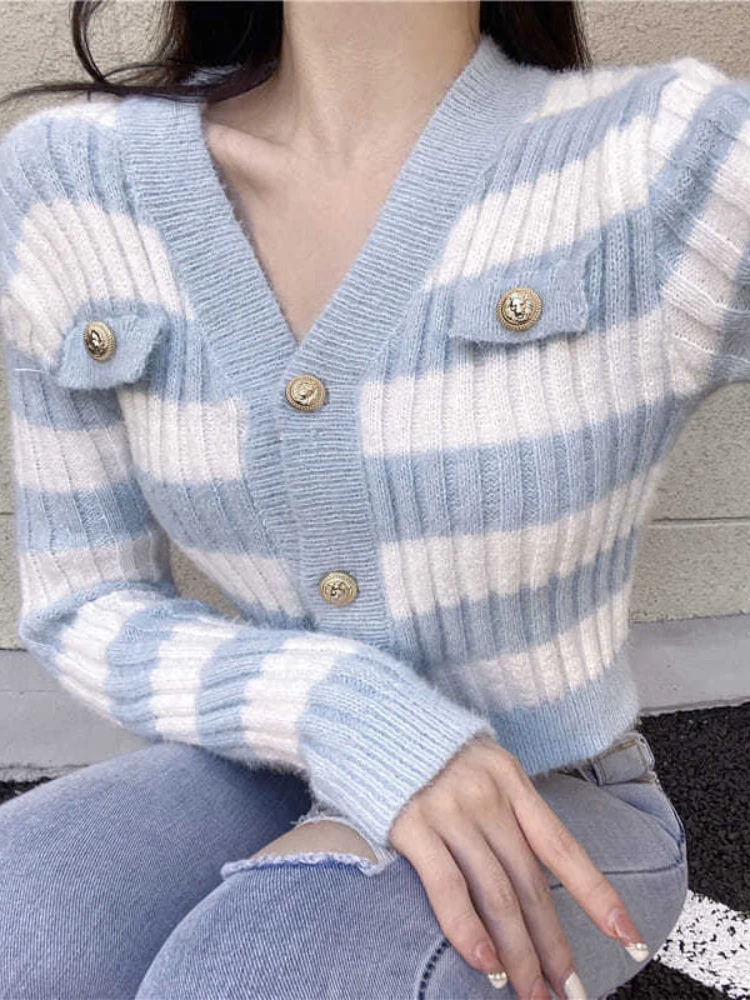 Striped Cardigan Women V-neck Cropped Sexy Lady All-match Casual Ins Trendy Korean Fashion Elegant Gentle Slim Кардиган Женский