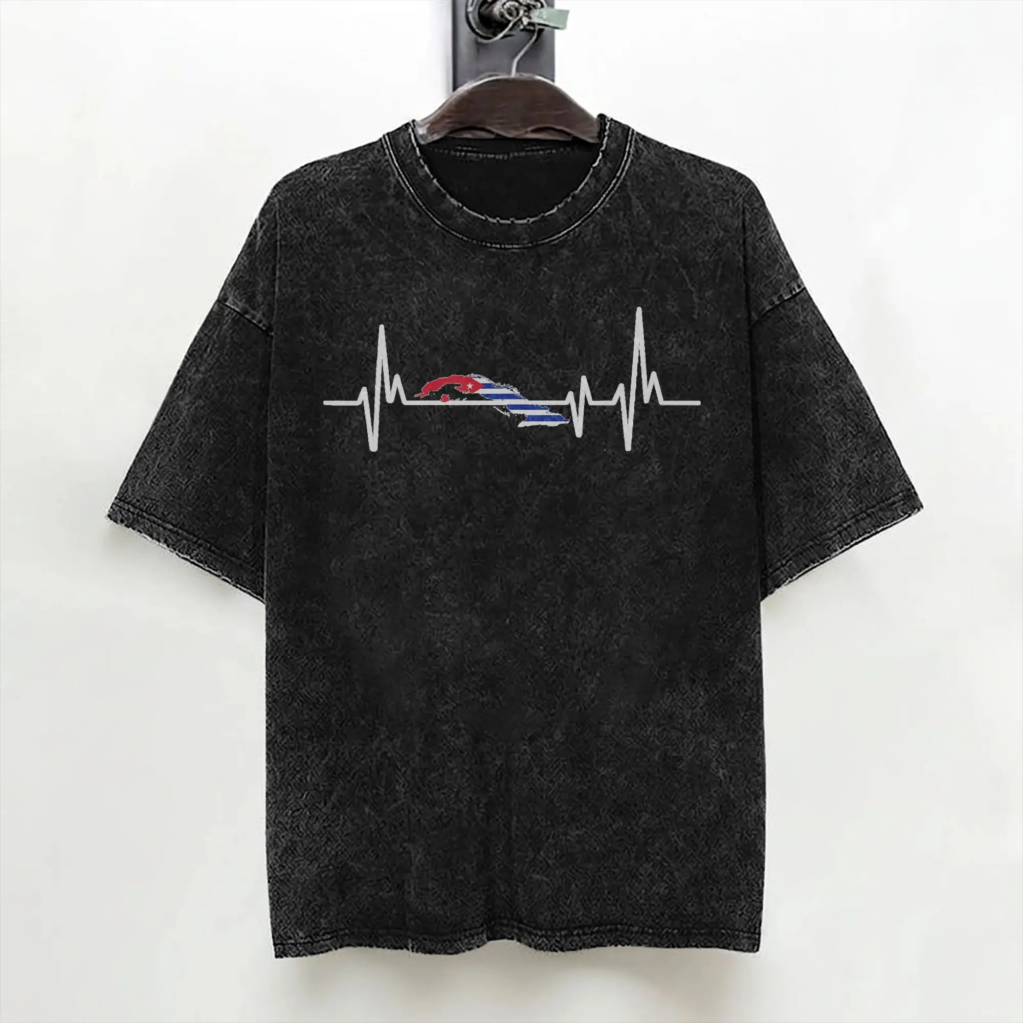 Heartbeat Design Cuban Flag Cuba T Shirts Washed 100% Cotton High Street T-Shirts  Retro for Men Women Streetwear Graphic Tees