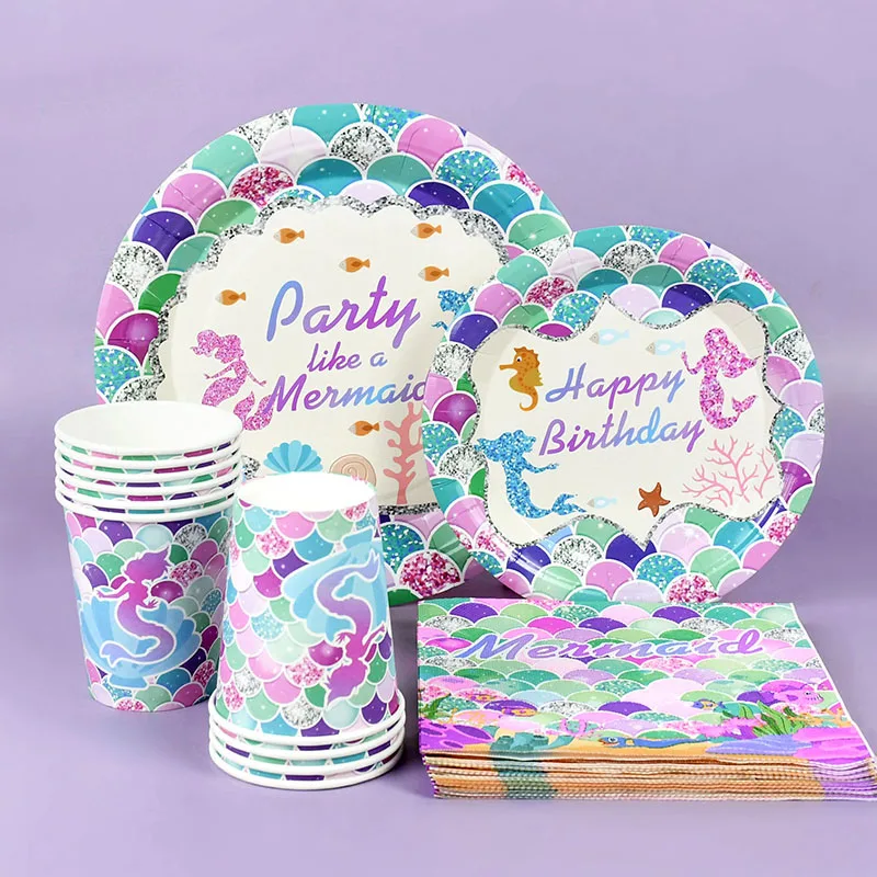 Mermaid Disposable Tableware Set Happy Birthday Paper Plate Cup Napkin Little Mermaid Kids Birthday Party Baby Shower Decoration