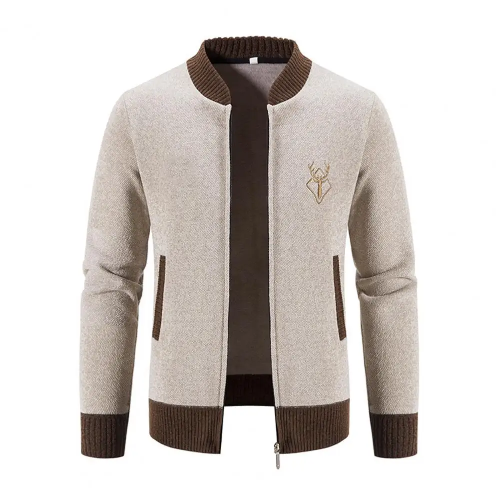 Fall Winter Sweater Coat with Side Pockets Round Neck Zip-up Thickened Long Sleeves Embroidery Daily Wear Work Dating Jacket