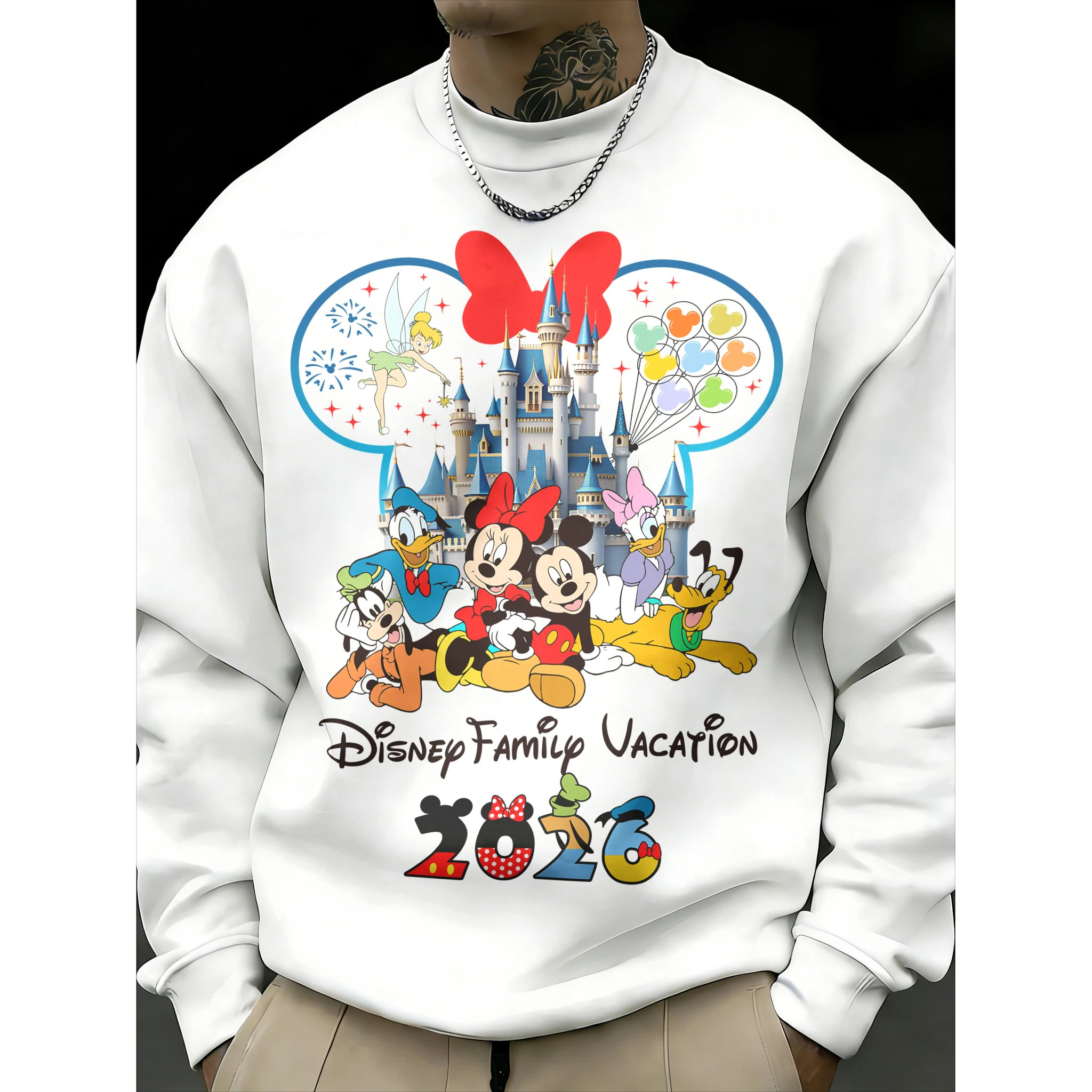 

Мужской свитер с круглым вырезом и принтом «Диснейленд», осень-зима 2026, модный, с начесом, из хлопка, теплый, свободный, повседневный