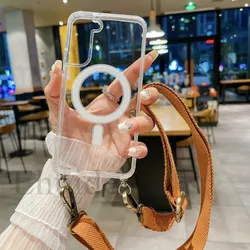 Case For Samsung Galaxy S25 S23 S22 Ultra S24 Plus Magsafe Magnetic Crossbody Strap Lanyard Necklace Rope Transparent Back Cover