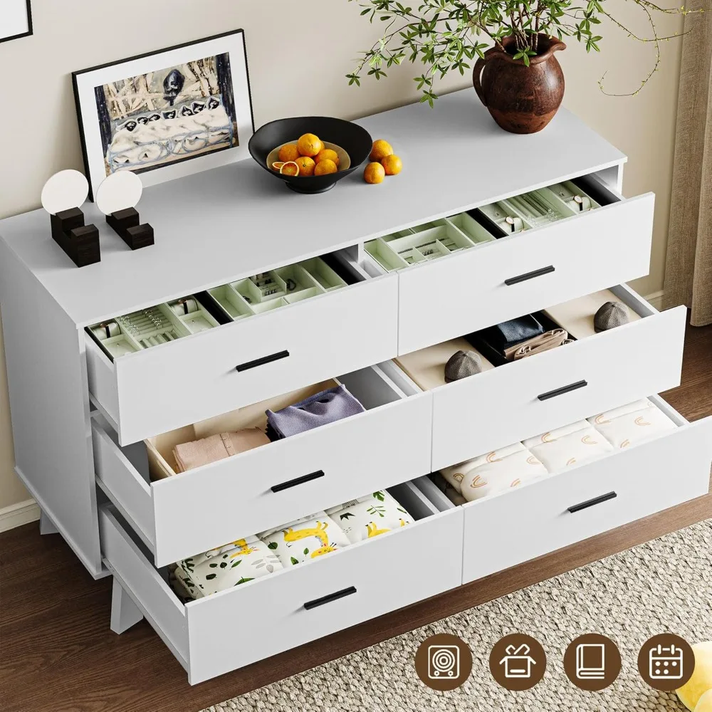 Modern 6-Drawer Bedroom Chest with Metal Handles, X-Base Design and Adjustable Leg Support