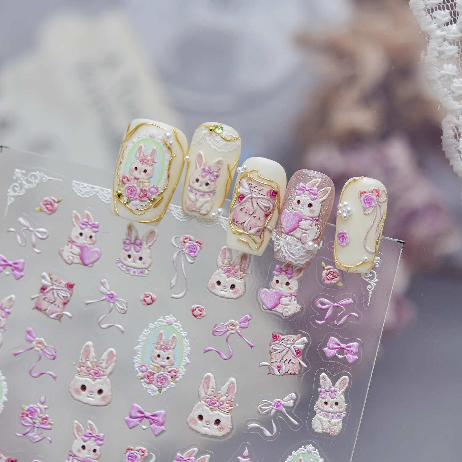 Cute Rose Rabbit Nail Decoration Stickers 5D Embossed Pink Rose Bow Lace Retro Border Self-adhesive Stickers For Nail Decoration