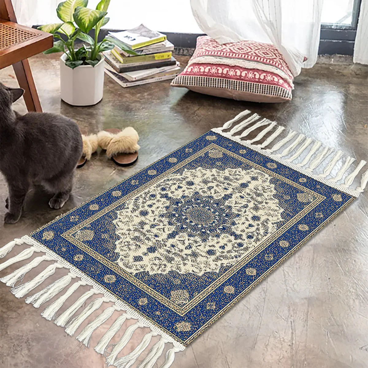 Retro Blue Tone Mandala Tassel Mat, Bohemian Kitchen/Bedroom Stain Resistant Non-Slip Floor Rug