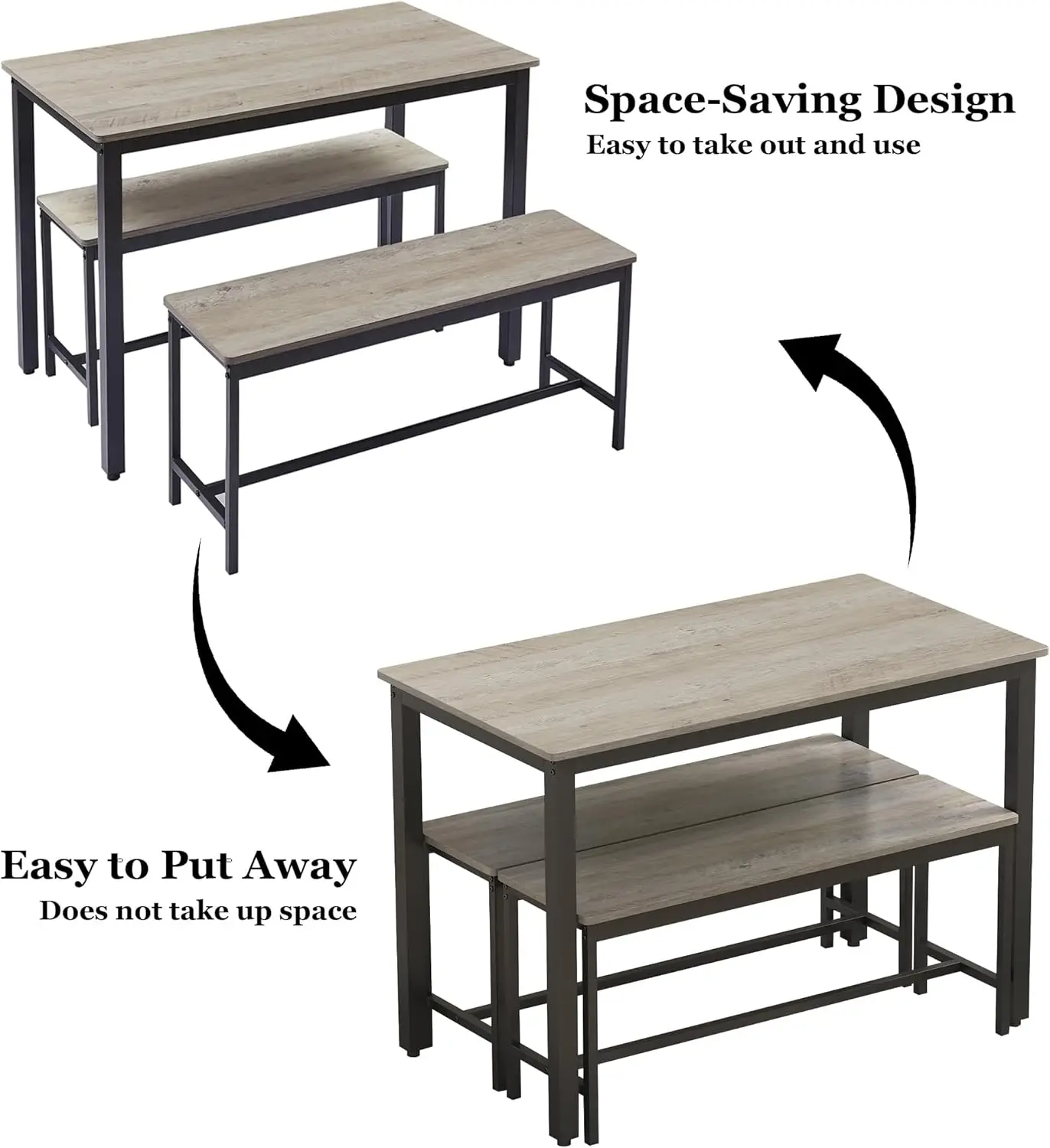 3-Piece 4 Bar 2 Dining Benches, 43.3'' Wood Kitchen Table & Chair Set for Breakfast Nook and Small Space, Grey