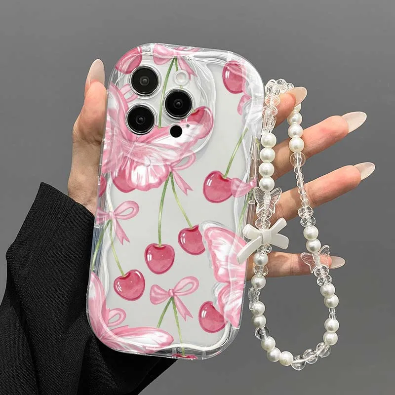Wrist Strap Korean Cherry Bow Phone Case For Samsung Galaxy A56 S26 S25 Plus S23 Ultra A57 A36 A17 A27 A37 A07 A06 LanyardCover