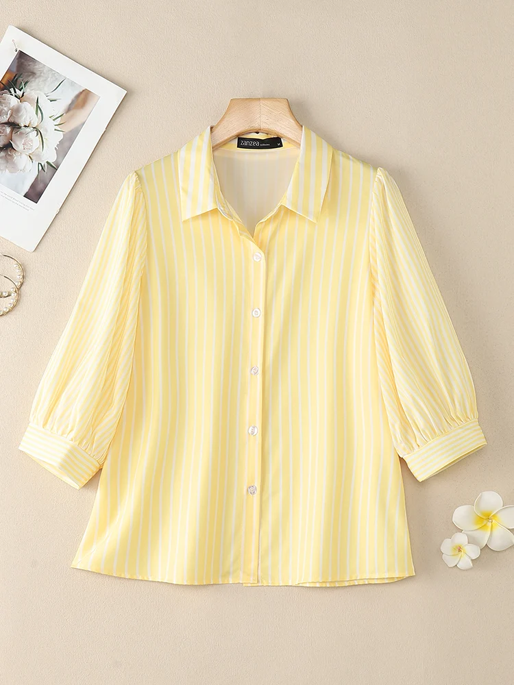 Elegante Vrouwen OL Werk Blouse 2025 ZANZEA Herfst Kantoor Gestreept Shirt Mode Revers Hals 3/4 Mouw Knoppen Tops Vrouwelijke Tuniek
