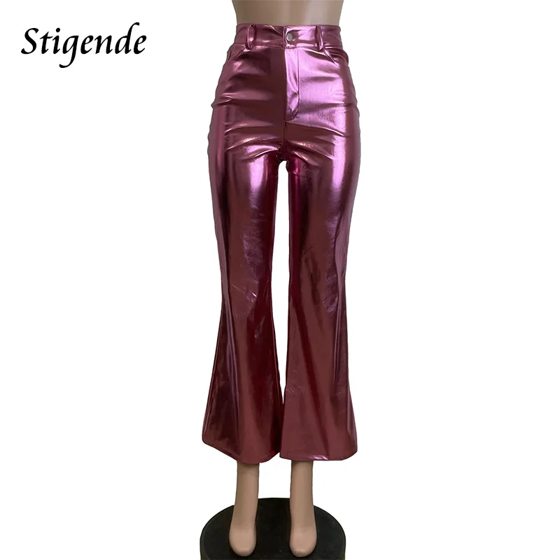 Stigende Women Flare Leg Pu Shiny Leather Pants Button Pocket Shining Color Pants Sexy Slim Fit Bell Bottom Night Club Pants