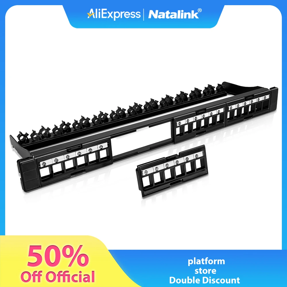 

Natalink 24-Port Cat6/5e Unshielded Patch Panel,Removable Inserts,19-Inch/1U Network Patch Panel Use only Slim Profile Keystone