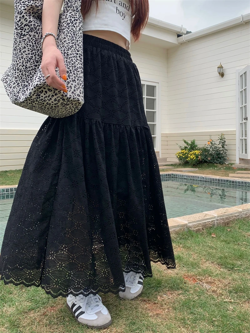 Benuynffy Black Hollow out Lace Ruffled Long Skirts Women Spring Summer 2024 High Elastic Waist Sweet Casual White A-Line Skirt