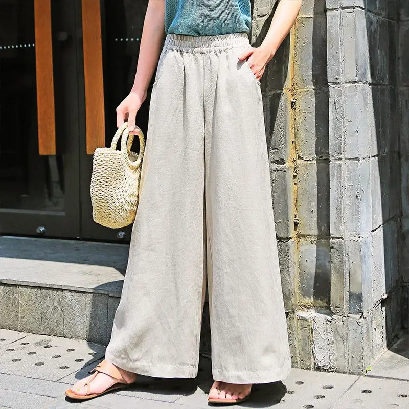 

2023 New 95% Cotton Hemp Solid Color Wide Leg Pants for Women Summer Vintage Pockets High Waist Drape Loose Casual Trousers