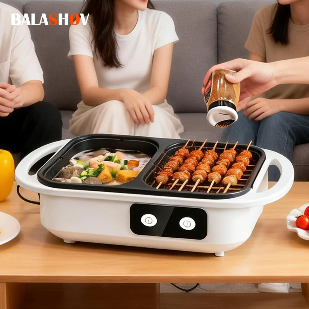 Multikocher, Shabu-Topf und Grillplatte, BBQ-Grill, Fritteuse, Pfanne, Hot Pot mit BBQ-Grill, Steaks, elektrisch, 2-in-1-Kochtopf für Ramen-Nudeln