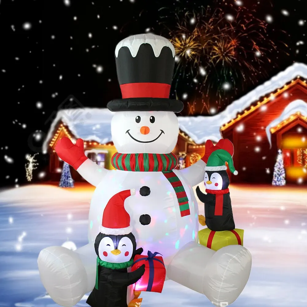 7ft Opblaasbare Kerst Sneeuwman Met Pinguïns Roterende Veranderende Led Verlichting Xmas Vakantie Opblazen Decoratie Outdoor Feest Speelgoed