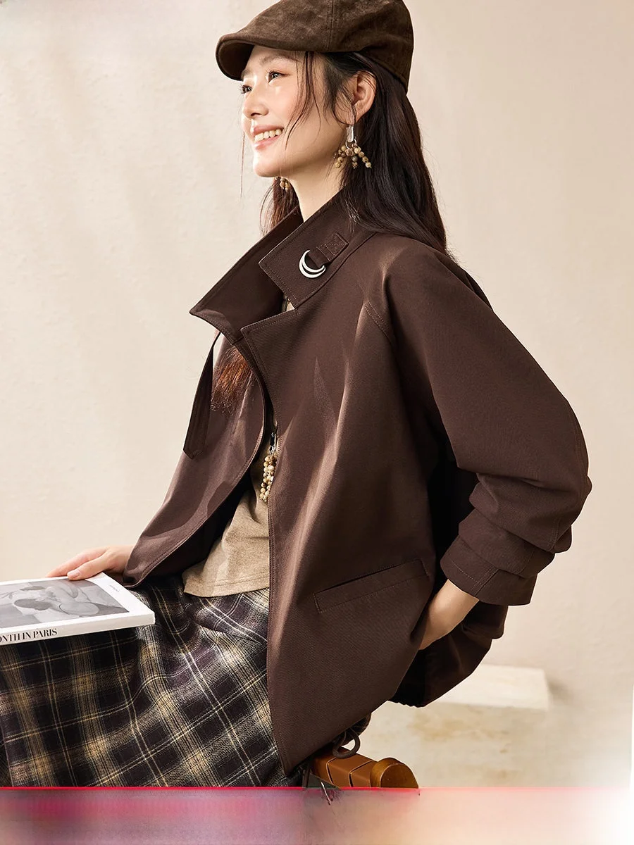 

Mehaimeisi Women's ort Coat 2025 Autumn New Sle Side Button Design Stand Collar oulder Insert Sve Zipper Jaet
