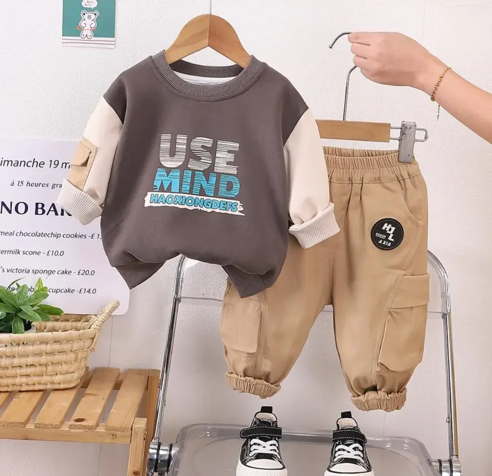 Spring Autumn Designer Baby Boys Clothes 1 To 2 Years Cartoon Turn-down Collar Long Sleeve T-shirts Pants Kids Infant Outfit Set