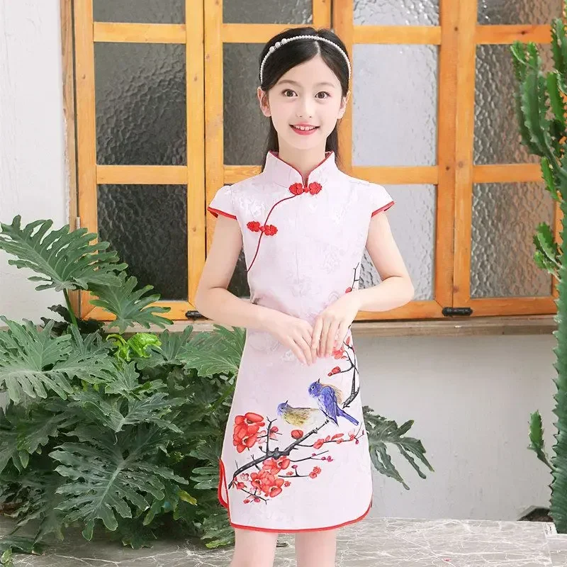 Vintage Girls Hanfu Clothing Kids Tangsuit Children Cheongsam Dress Daily Wear Floral Print Qipao Costume Various Color