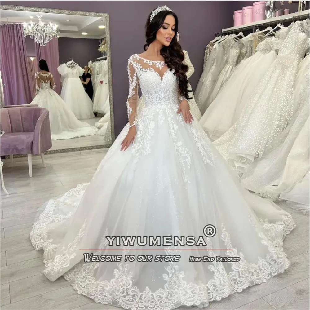 Elegant White Ball Gown Wedding Dresses Plus Size Sparkly Tulle Appliques Bride Marriage Dress Bespoke Vestidos Novias Boda 2024