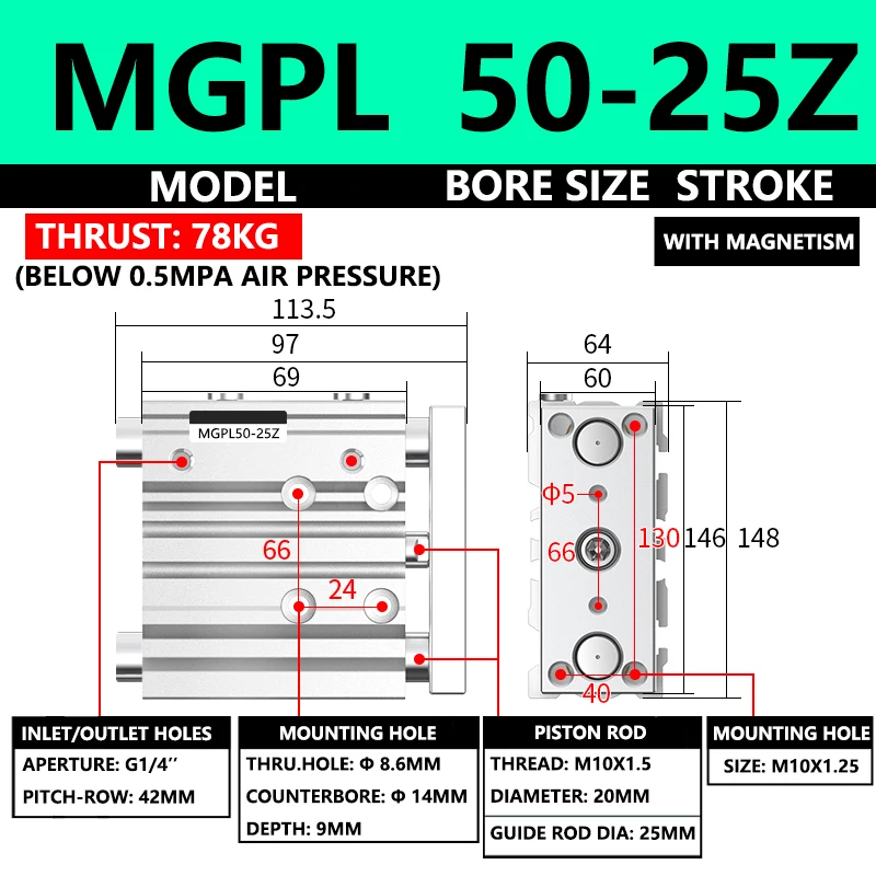 ABILKEEN MGPL50-25Z MGPL Pneumatic Compact Guide Cylinder 50MM Bore X 25MM Stroke Thin Three Axis Three Rod Air Cylinder
