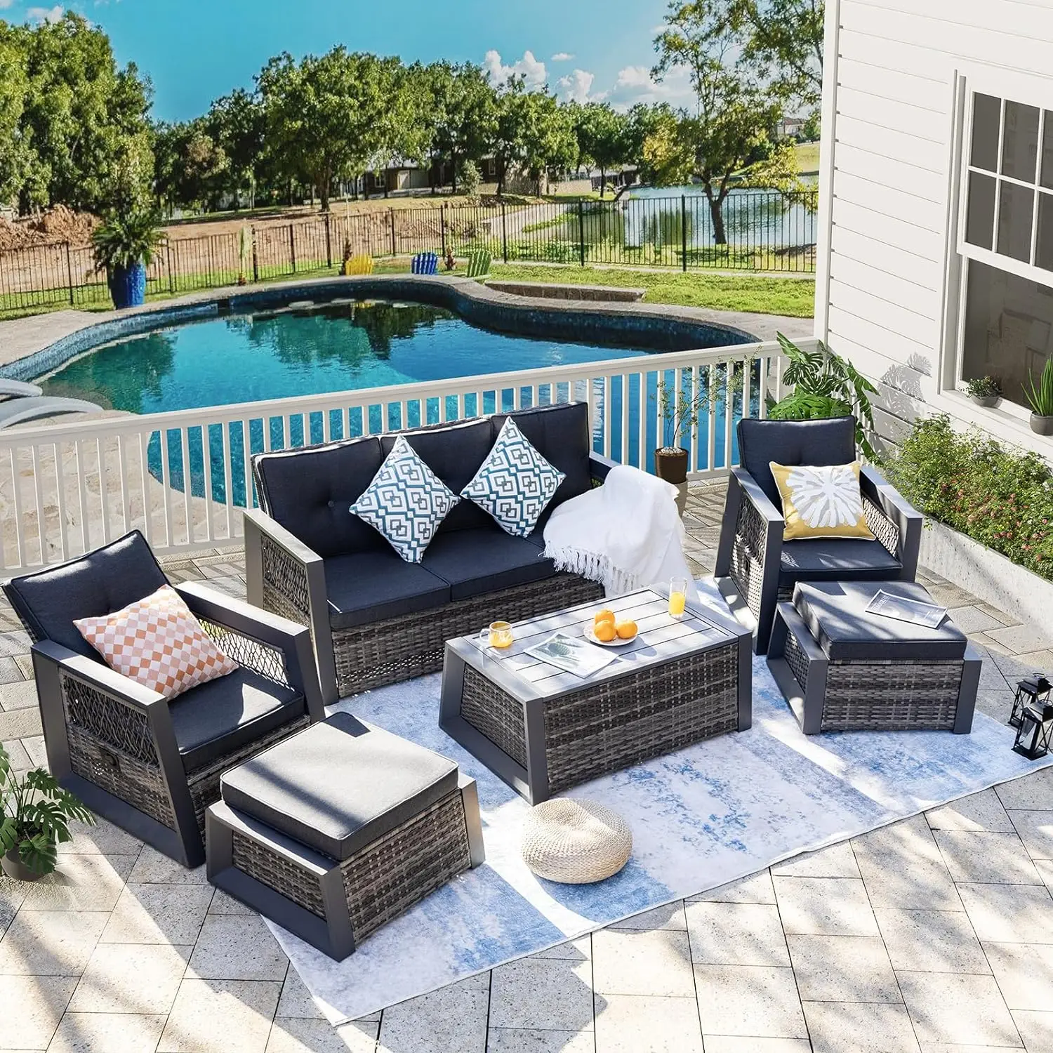 

6 Pcs Patio Furniture Set with Aluminum Frame, Wicker Recliner Modern Outdoor Conversation Chairs Set with Ottoman,Storage Table