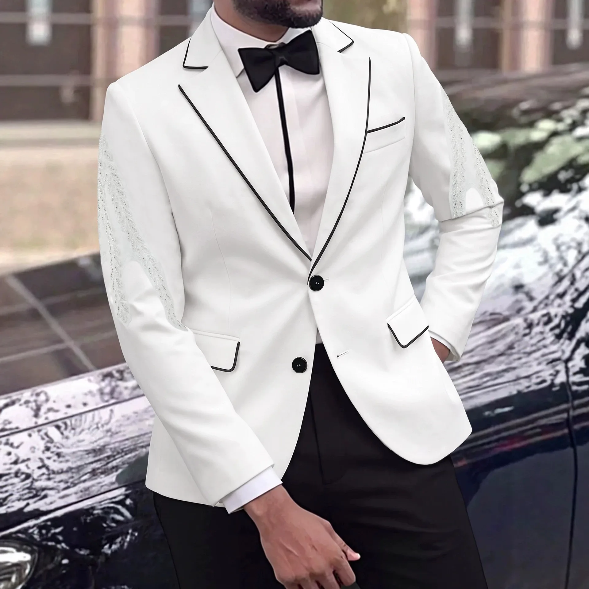 2026 European And American White Suit Two-piece Wedding Sleeve Embroidery Ceremony Banquet Party Performance Dress Suit Men