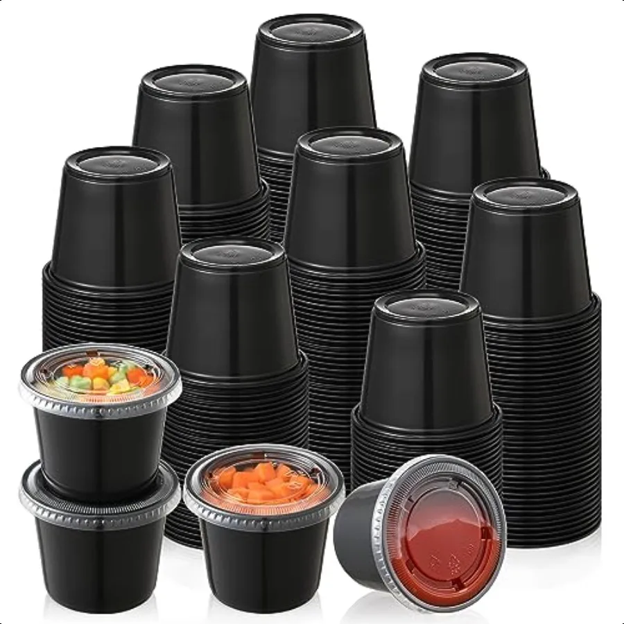 

1205.5 oz Black Portion Cups Small Plastic Containers with Lids Airtight and Stackable Souffle Cups Salad Dressing Container Sa