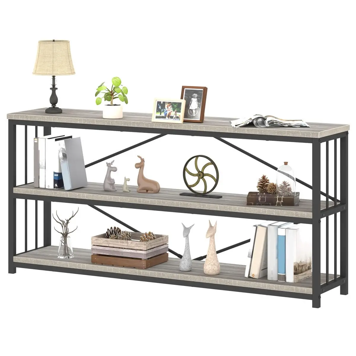 63 Inch 3 Tier Horizontal Bookshelf Industrial Low Bookcase for Home Office Storage, Customized