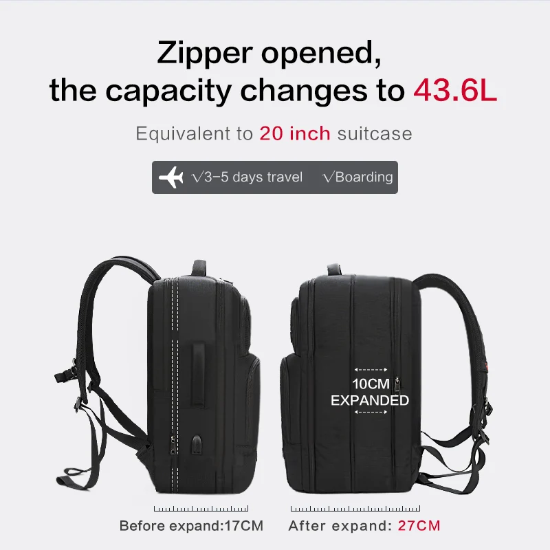 OIWAS Large Capacity Expandable Laptop Backpack USB Charging Port 17.3Inch Waterproof Business Travel Computer Bag for Men Women