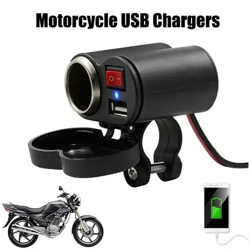 Waterproof 12V Motorcycle Dual USB Charger with Switch Cigarette Lighter Socket Handlebar Clip for Motorbike Accessories