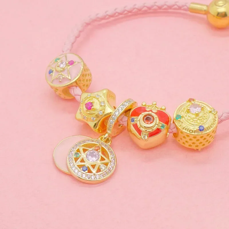 Cosaim 925 Sterling Silver Anime Sailor Moon Gold Color Charms Beads For Bracelet Bangle Charms DIY Jewelry Making Sailor Fans G