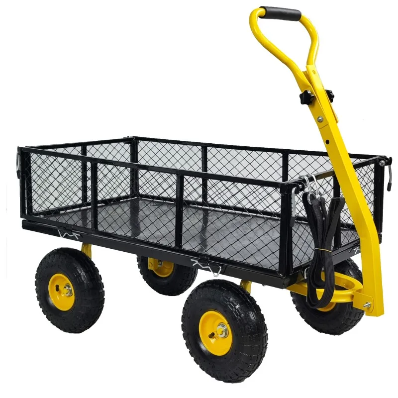 

900Lb towable handle side removable steel outdoor hauling practical four-wheel garden trolley