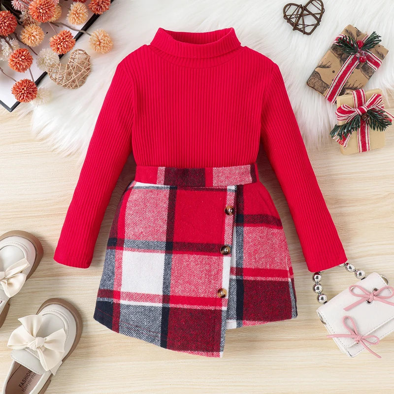 

2PCS Baby Kid Girls Fall Clothes Long Sleeve Turtleneck Knit Tops Plaid Skirt Set Toddler Spring Outfits Children's Clothing