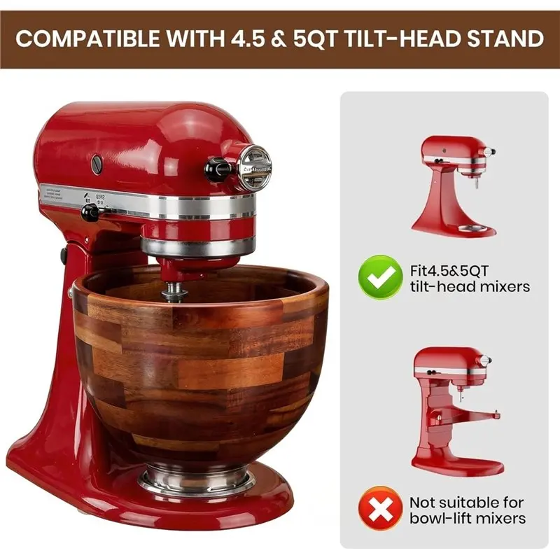 ABRU-Bowl For Kitchenaid, Wood Mixing Bowl For Kitchenaid 4.5& 5 QT Tilt-Head Stand Mixer, With Stainless Steel Locking Base