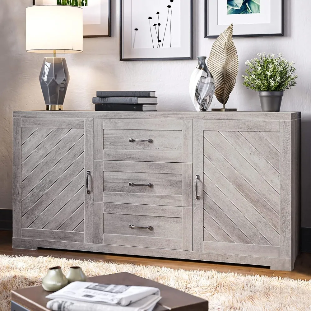 

Sideboard, Console Table Or Buffet with Three Drawers & Four Shelves, Space Saving Media Storage Cabinet