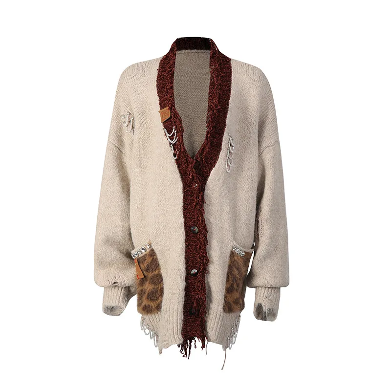 SuperAen ファッションニットコート 2025 冬新作 ルーズフィット 細見え コントラストカラー ポケットデザイン シングルブレスト 個性的なセーター