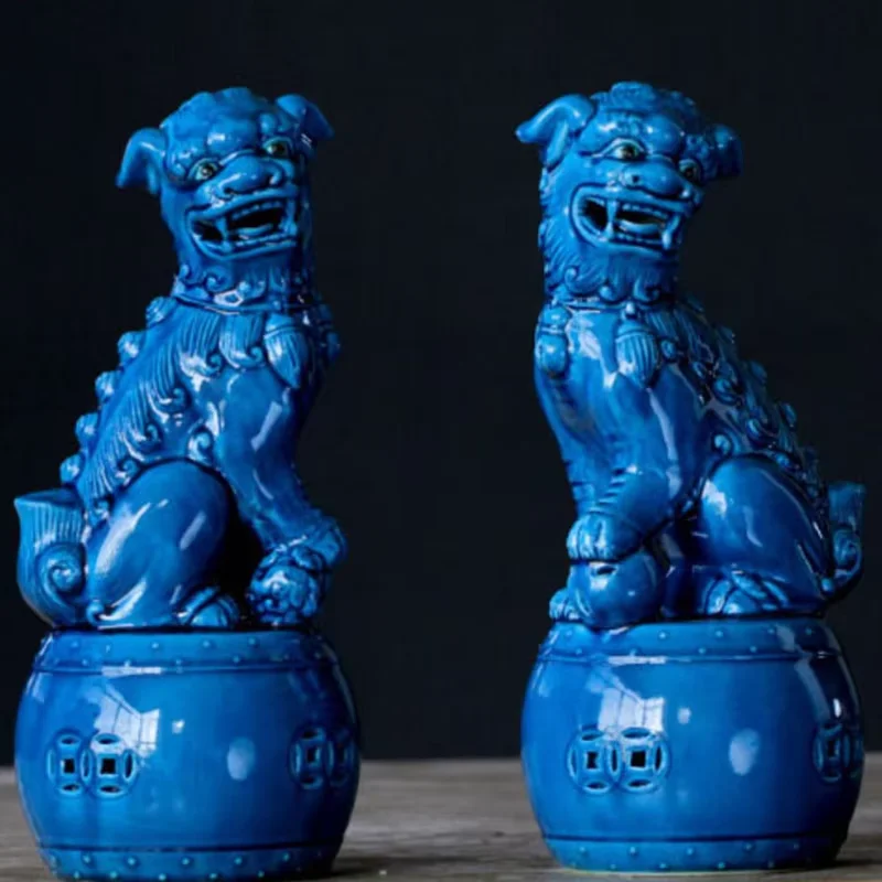غرامة الصين جينغدتشن بولي الصقيل الخزف فو فو الحرس الأسد طبل تمثال زوج #1