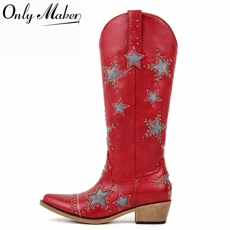 Onlymaker Vintage Red  Star Rivet Decor Western Cowboy Boots Pointed Toe Chunky Block Heel Side Zipper Shaft Festival Tall Boots