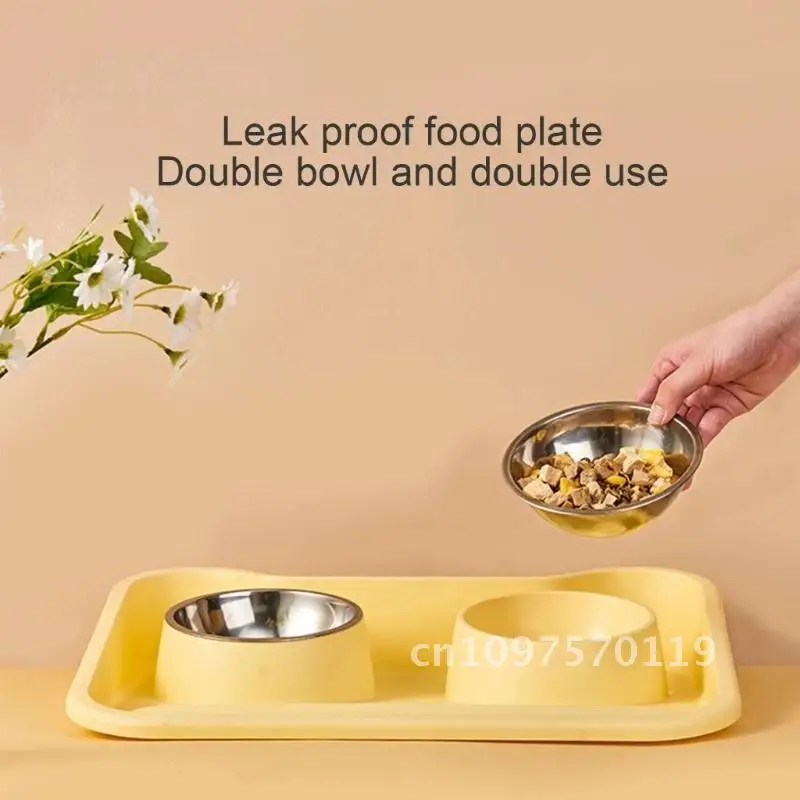 448B Pet Food Double Bowls Tilted Cat Bowl Mat for Elevated & Dogs Feeders Anti-Slip Bowl Feeding Kitten Water Food Feeding