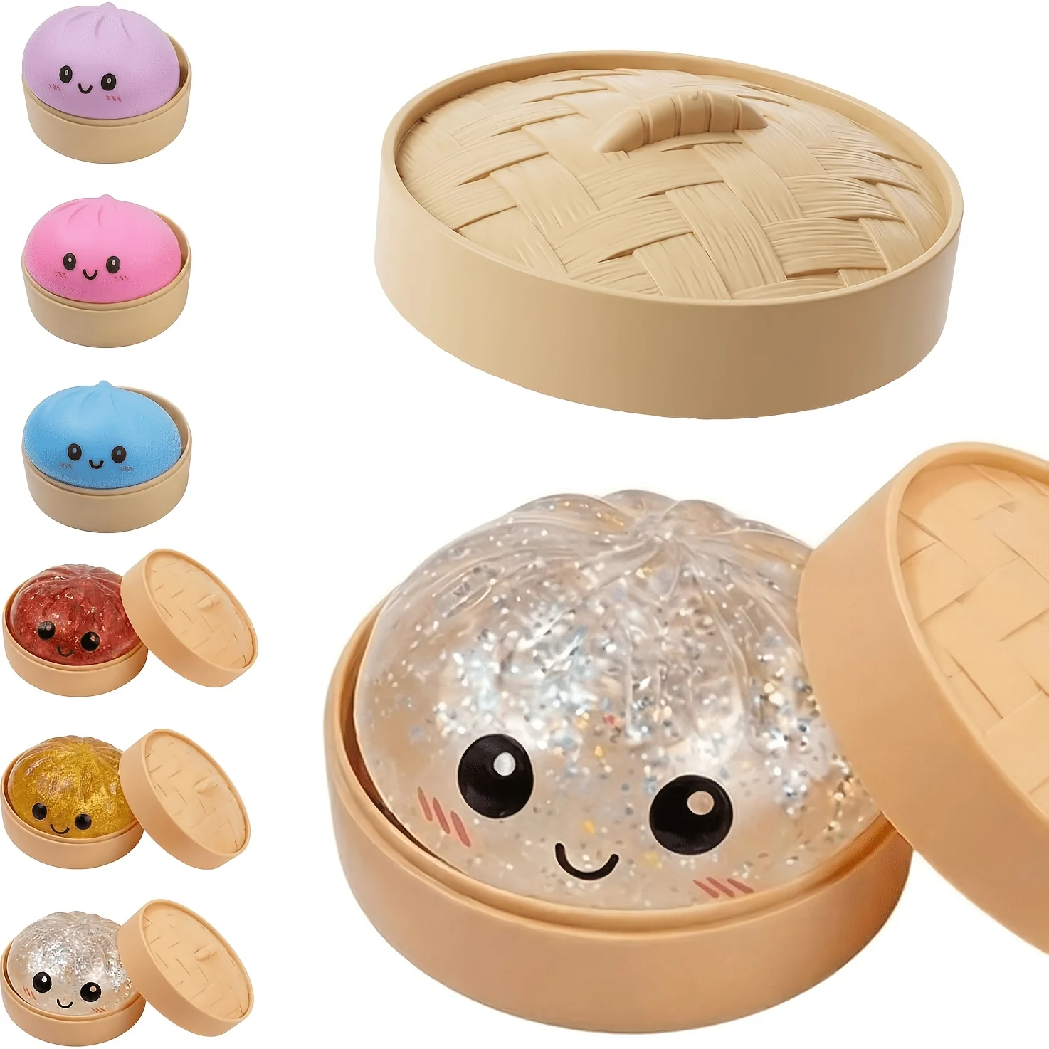 3pcs Set [1pc Baozi And 1pc Lid And 1pc Cage] Shiny Baozi Squeeze Toy, Colorful Baozi Stress Ball Sensory Toy, Easter Basket Filler Party Gift (White) Random Color with Baozi And Steamer, Realistic Food Squeeze Toy