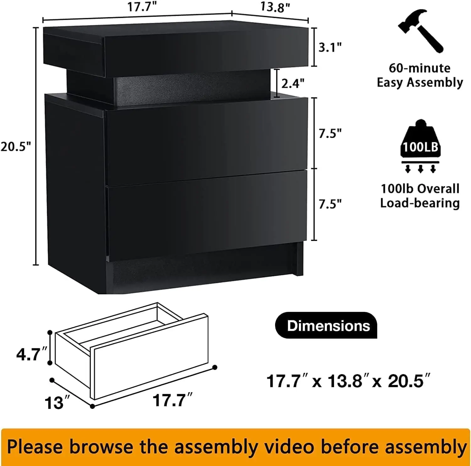 Set of 2 LED Nightstands Black Nightstand with Led Lights Modern Night Stand with 2 High Gloss Drawers Led Bedside Table Smart N