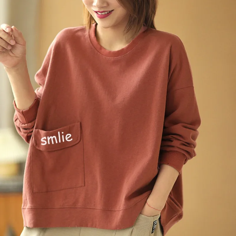 Women Trendy Streetwear Letter Embroidery Pocket Oversize Sweatshirts Y2K Female Simple Casual O Neck Loose Cotton Pullover Tops