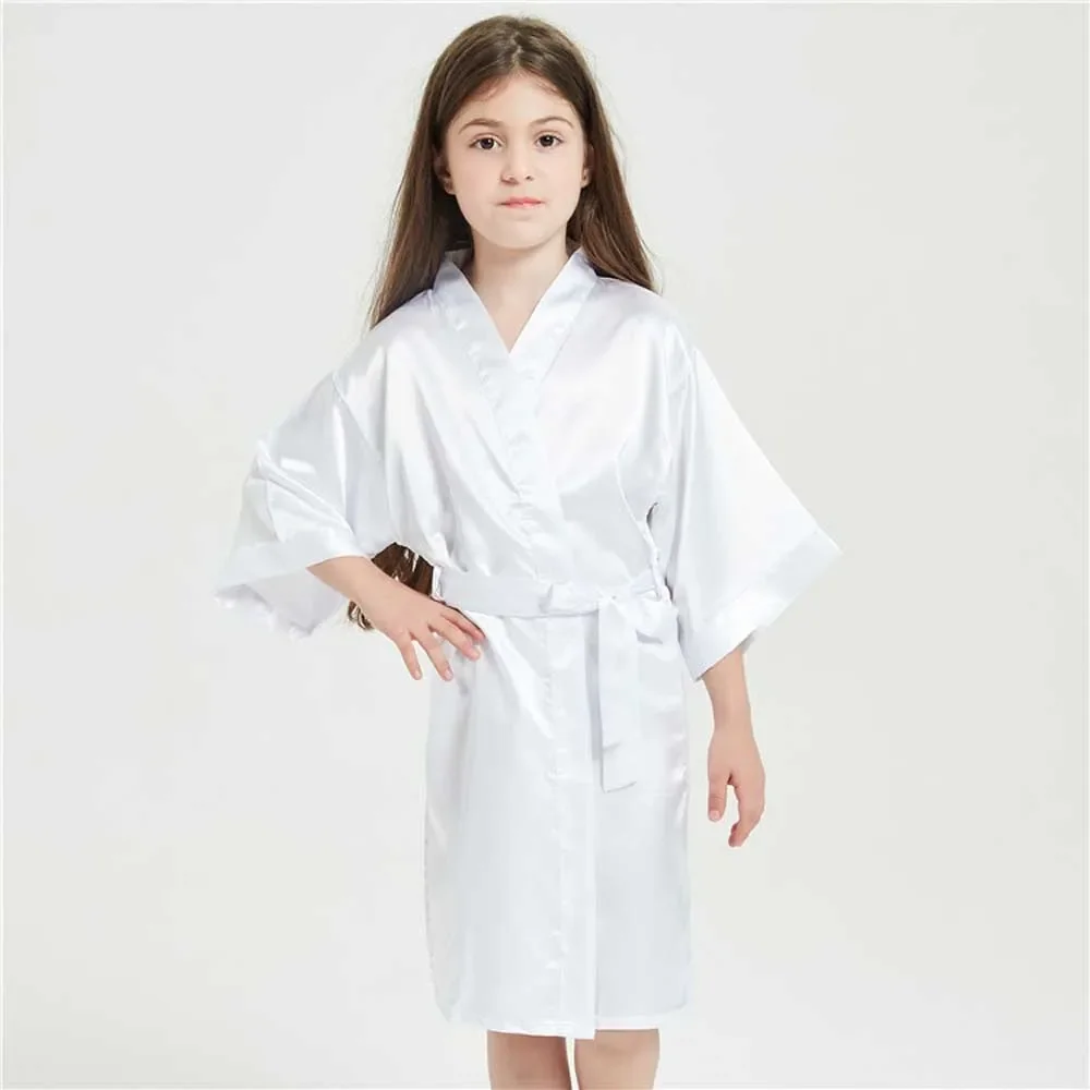 3-13Y Boy Girl Bathrobe Pink Satin Silk Kids Robes Summer Sleepwear Children's Kimono Bath Towel Robe Wedding Spa Party Birthday