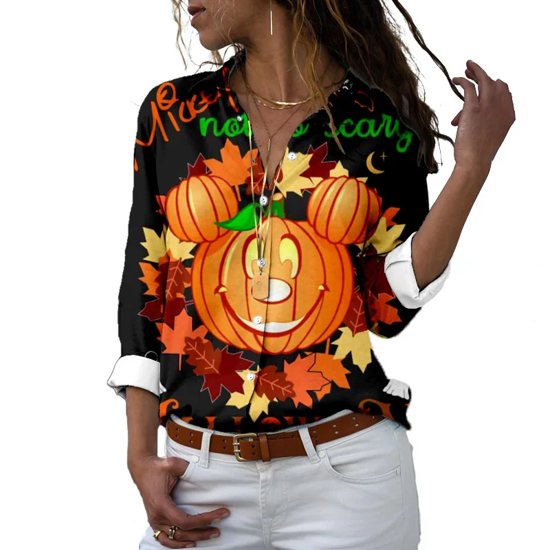 Camiseta de manga larga con solapa para mujer, camisa informal de Stitch y Mickey y Minnie, estilo Harajuku, y2k, para Halloween y otoño